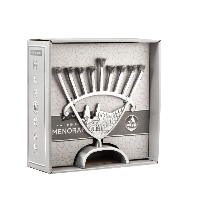 Ner Mitzvah Ancient Jerusalem aluminum candle menorah in retail packaging