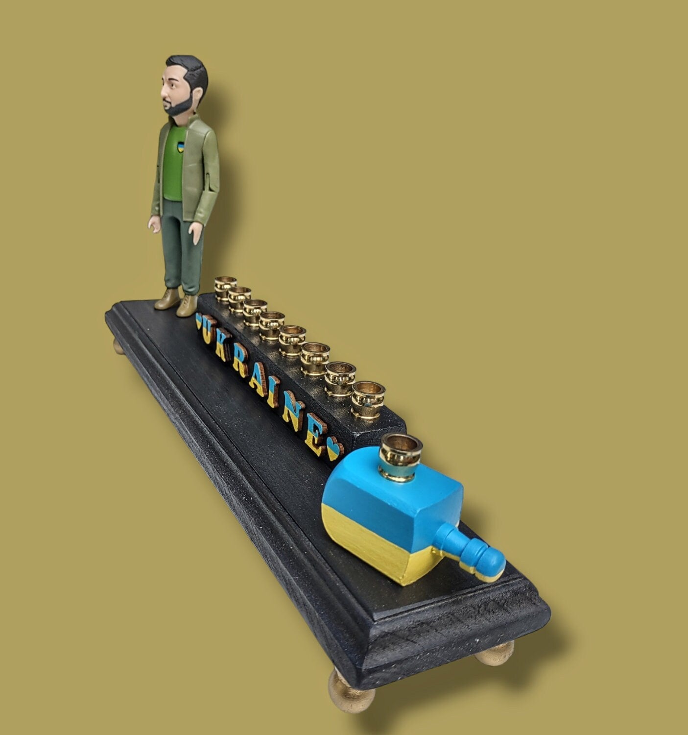 Stand With Ukraine Menorah — Zelensky figure with blue and yellow wood letters | Judaica Square Lakewood (view 4)