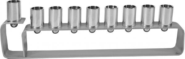 Low silver anodized aluminum frame menorah with nine cylinder cups and a raised shamash at one end