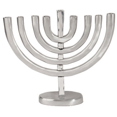 Silver anodized aluminum menorah with nested arched branches on a round base