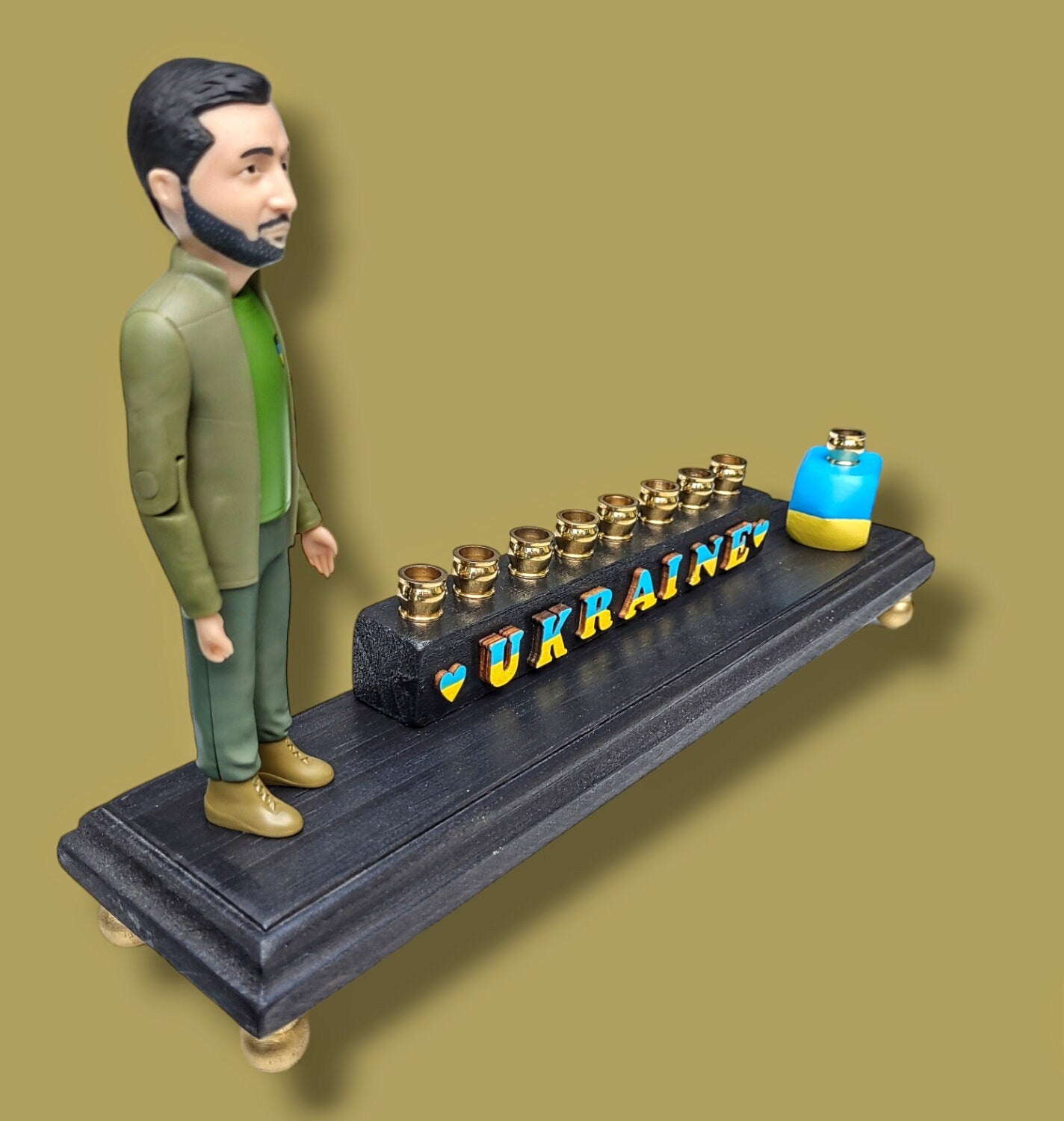 Stand With Ukraine Menorah — Zelensky figure with blue and yellow wood letters | Judaica Square Lakewood (view 3)