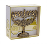 Antique gold aluminum menorah with an Old City of Jerusalem relief, shown in its windowed gift box