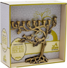 Antique gold cast aluminum Tree of Life menorah with leafy branches, birds and roots, in its gift box