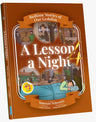 Front cover of A Lesson a Night 4, Bedtime Stories of Our Gedolim: a child asleep in bed surrounded by illustrated scenes of gedolim, English children's book by Chazak