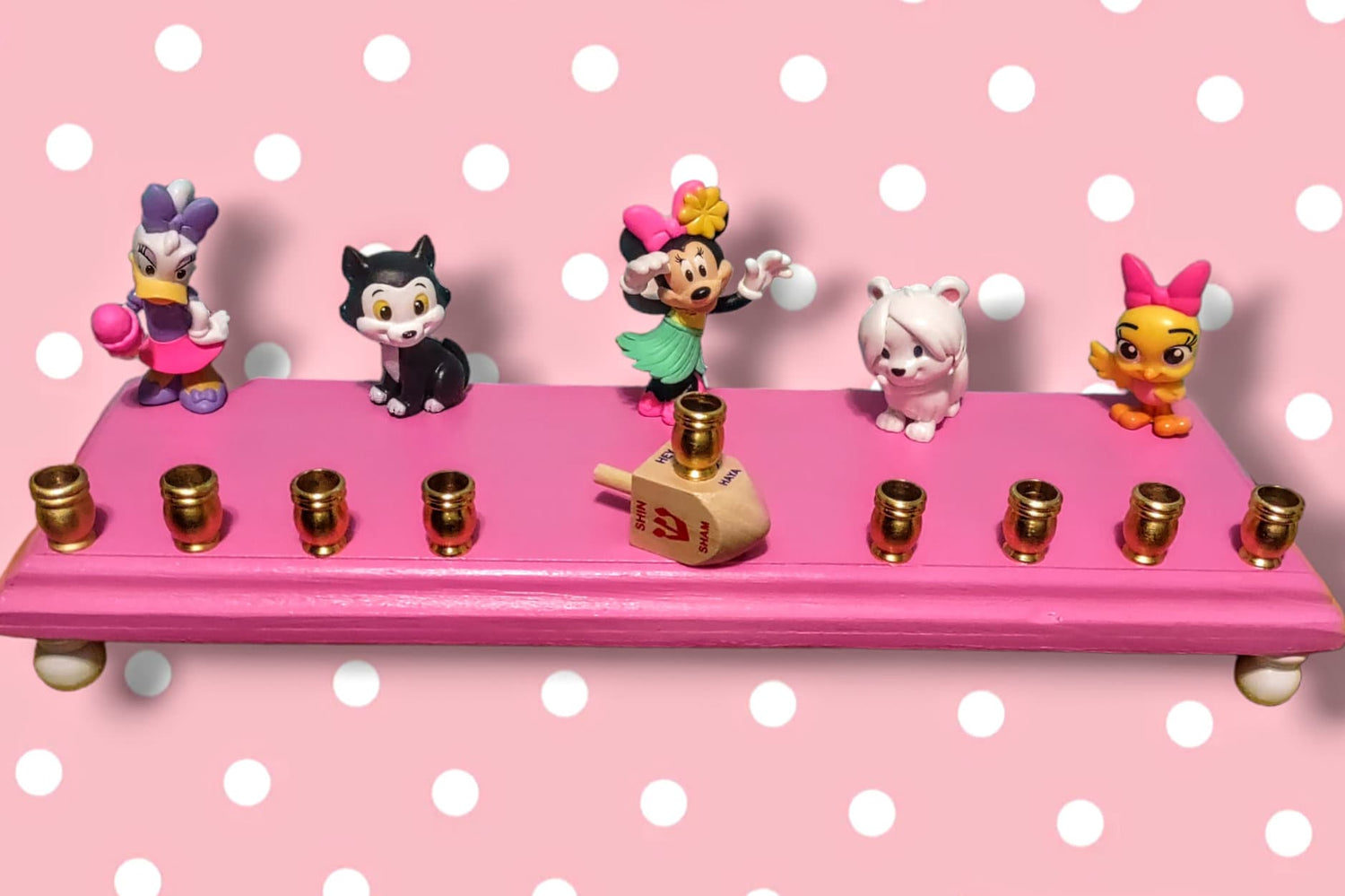 Minnie Mouse playhouse menorah — repurposed Disney figures on pink 12-inch plaque | Judaica Square Lakewood (view 2)