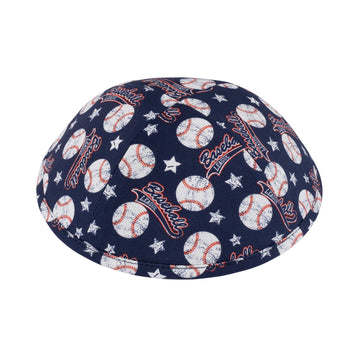 Navy cotton kippah printed with white baseballs, white stars and red Baseball League script