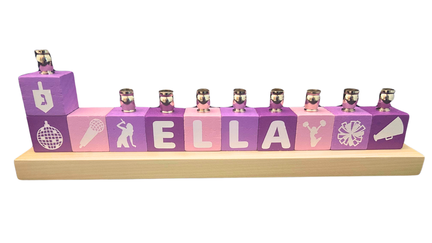 Personalized name block menorah — hand-painted blocks with vinyl letters and nickel cups | Judaica Square Lakewood (view 39)