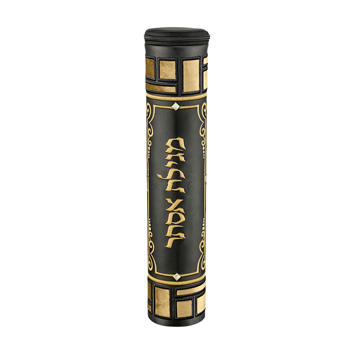 Black Leather Megillah Holder, with Beige Velvet and Black and Gold Embroidery