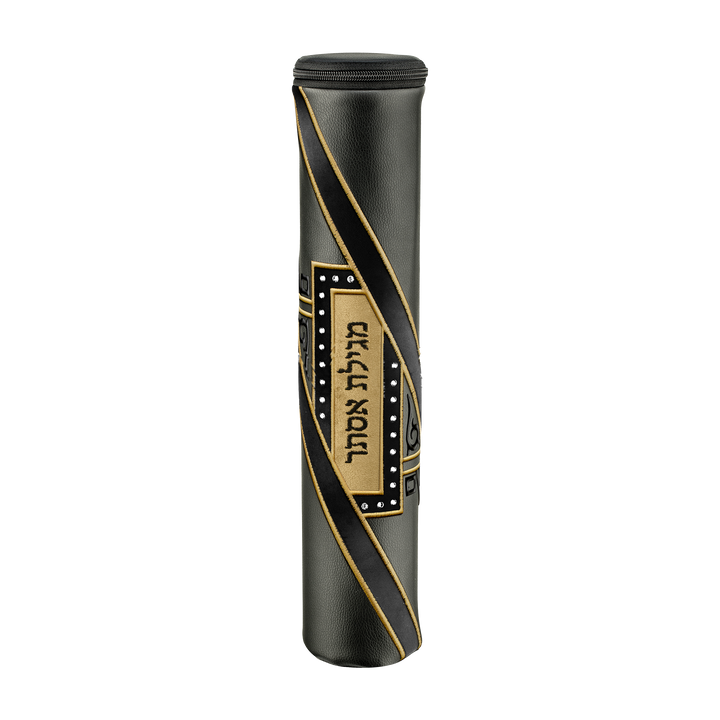 Black Leather Megillah Holder, with Beige Velvet and Black & Gold Embroidery