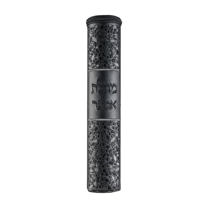 Black leather Megillah holder with black Hebrew embroidery