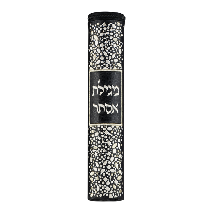 Black leather Megillah holder with light Hebrew embroidery