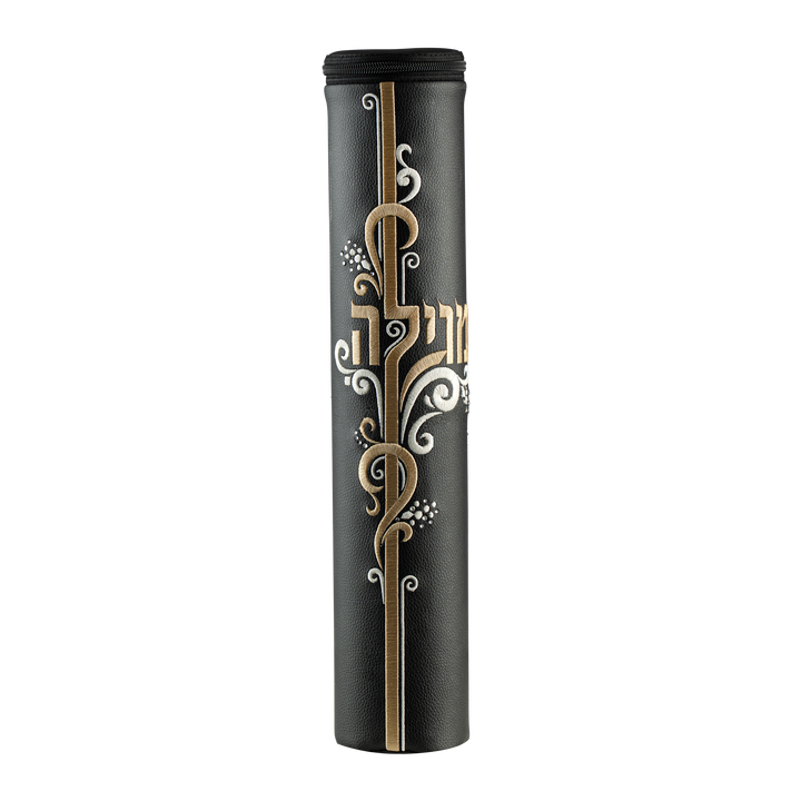 Black Leather Megillah Holder, with Gold Embroidery-1378