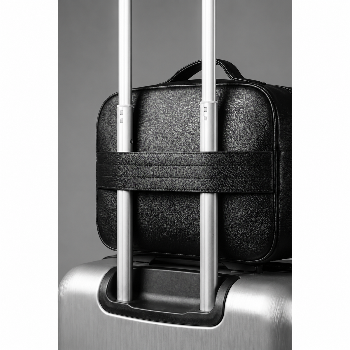Rear suitcase-handle strap on black leather travel tallis and tefillin bag design 653