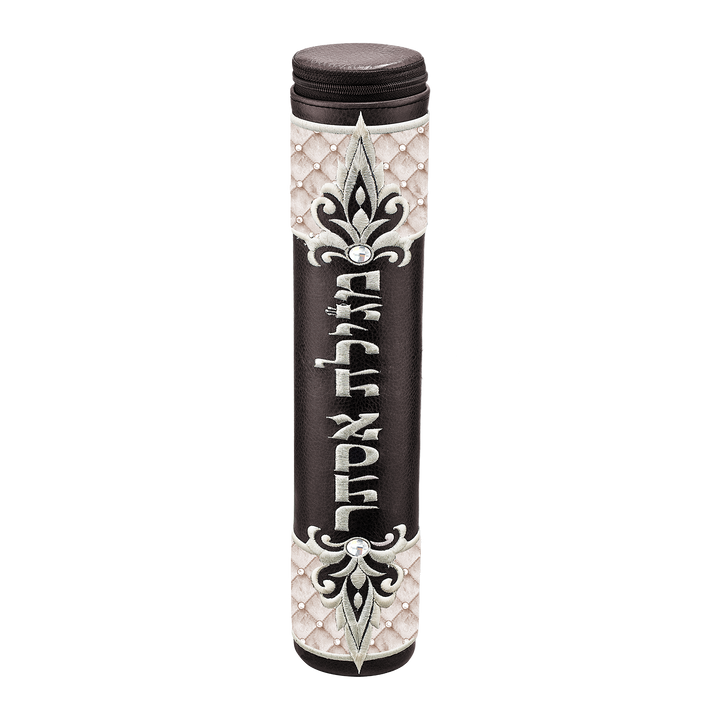 Brown and white Megillah holder with light Hebrew embroidery