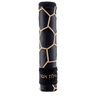 Black cylindrical Megillah holder with gold-colored geometric lines and Hebrew lettering on a black fur band