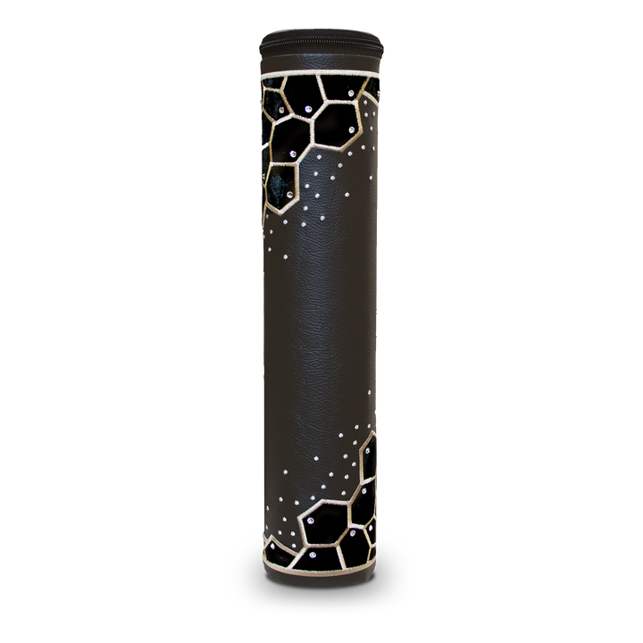 Black Megillah holder — back view with gold-tone geometric accents