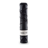 Black cylindrical Megillah holder with raised geometric lines and Hebrew lettering across a white fur band