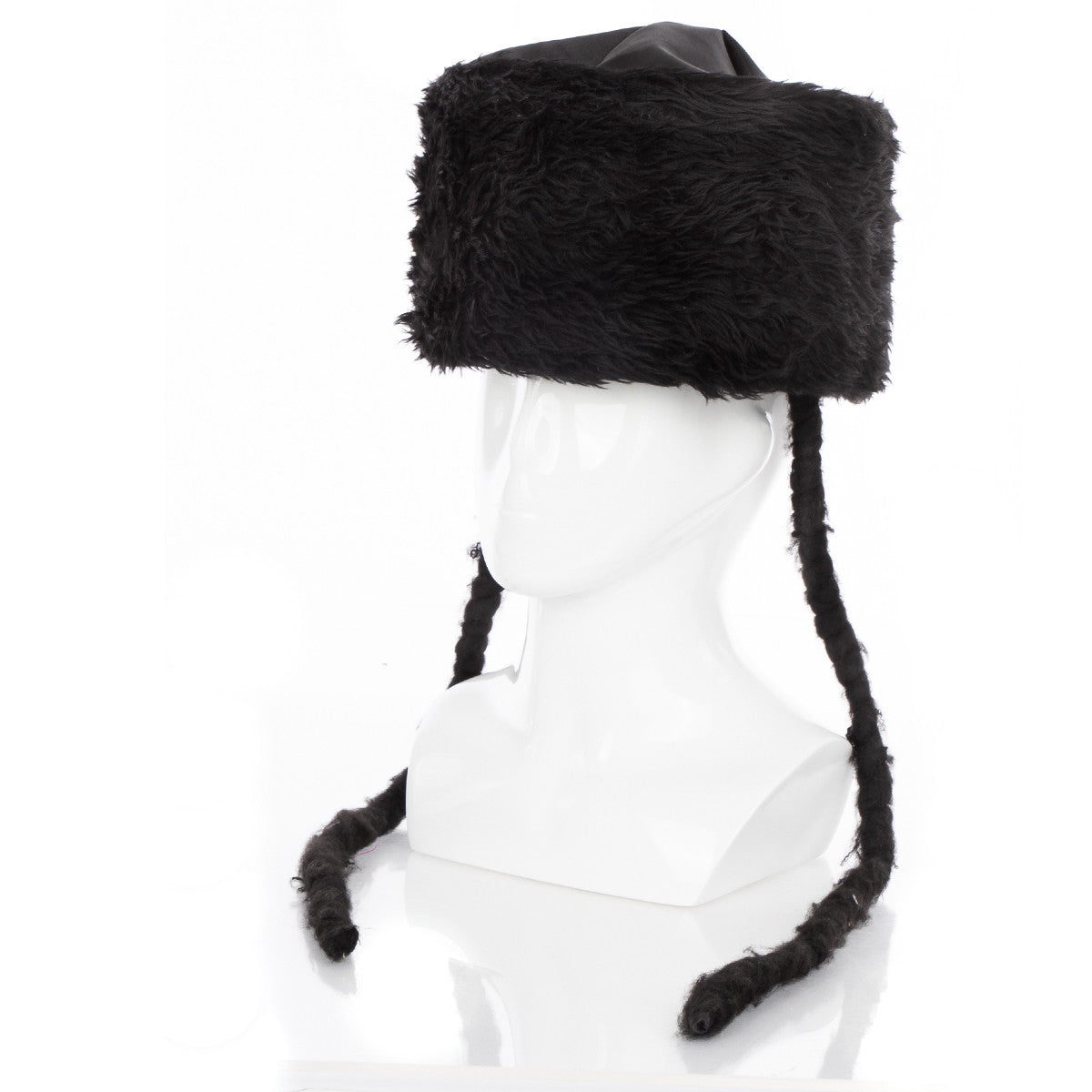 Black Purim Costume Shtreimel with Payos, side view