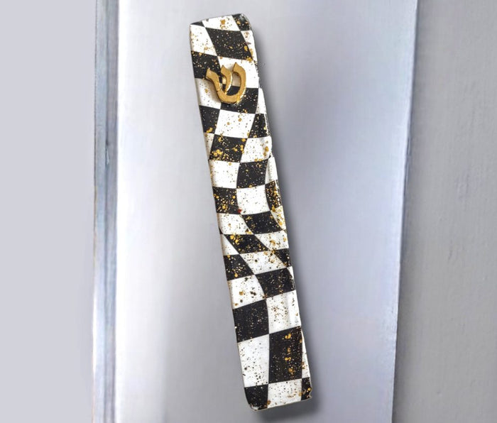 Black and white decoupage wood mezuzah case with glitter finish