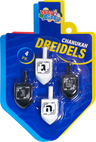 Two black and two white wooden dreidels on an Izzy n Dizzy dreidel shaped card