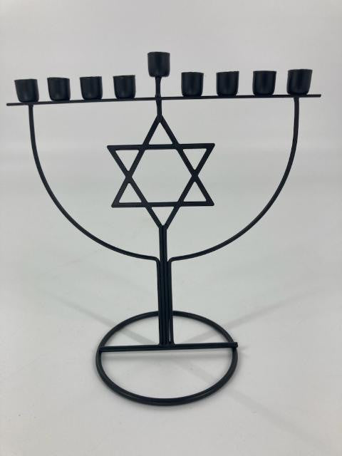 Black wire candle menorah with a Magen David in the frame