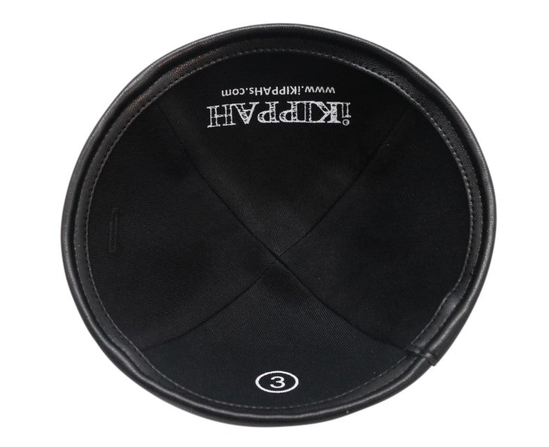 Black Leather Kippah - showing rim trim, six-panel construction
