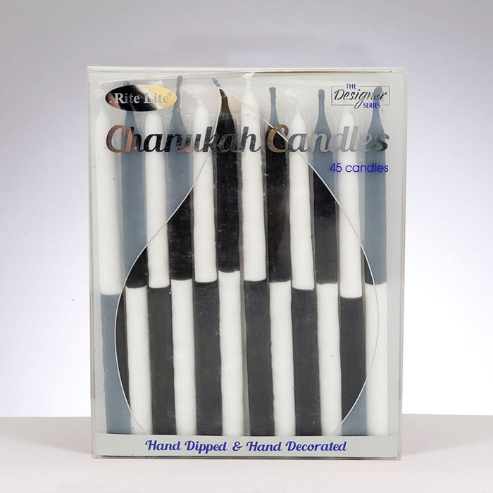 Black and white Hanukkah candles — alternating two-tone tapers, 45 count | Judaica Square Lakewood