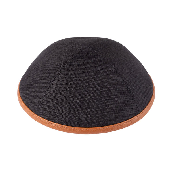 Black linen kippah with caramel leather rim, four-panel for men | Judaica Square Lakewood
