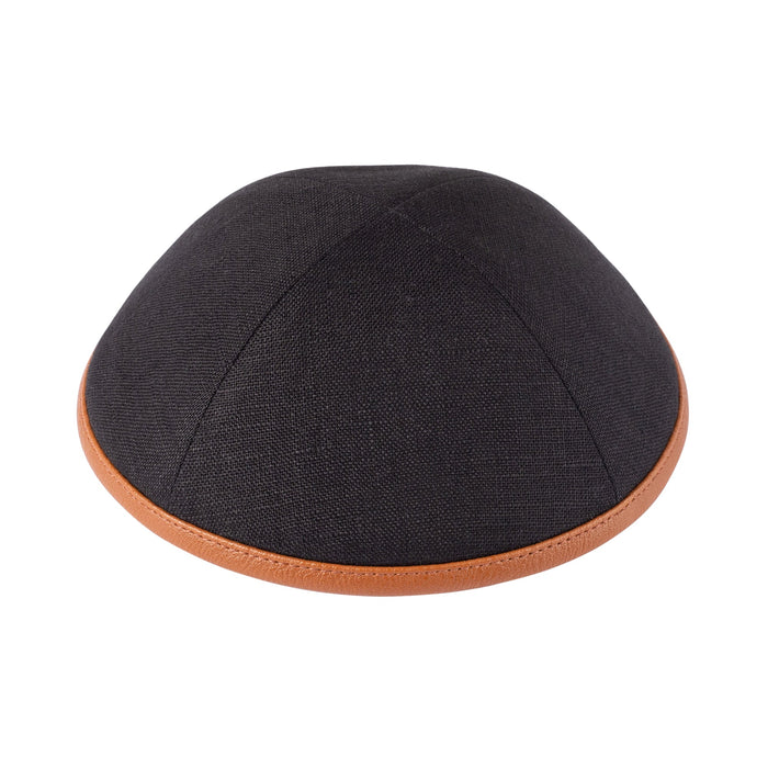 Black linen kippah with caramel leather rim, four-panel for men | Judaica Square Lakewood