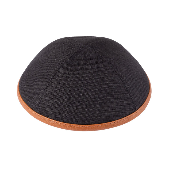 Black Linen Kippah – Caramel Leather Rim Yarmulke