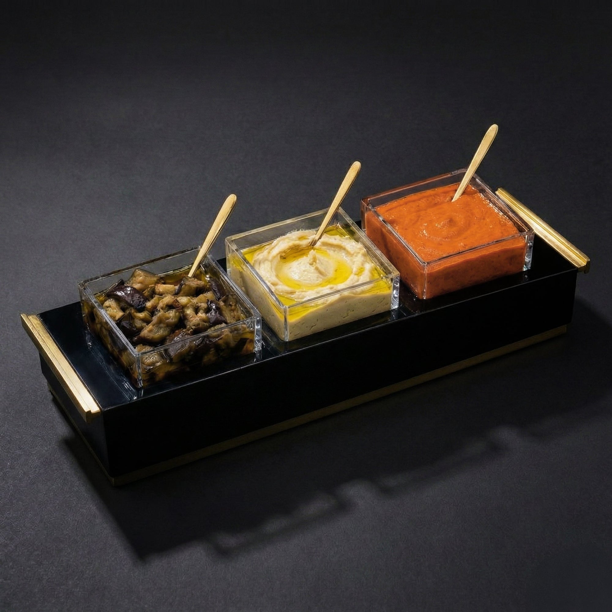 3 Dip Bowl Set — Black — Gold — lucite Judaica decor | Judaica Square Lakewood