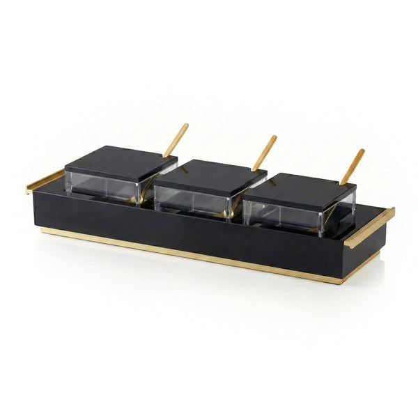 3 Dip Bowl Set — Black — Gold — lucite Judaica decor | Judaica Square Lakewood