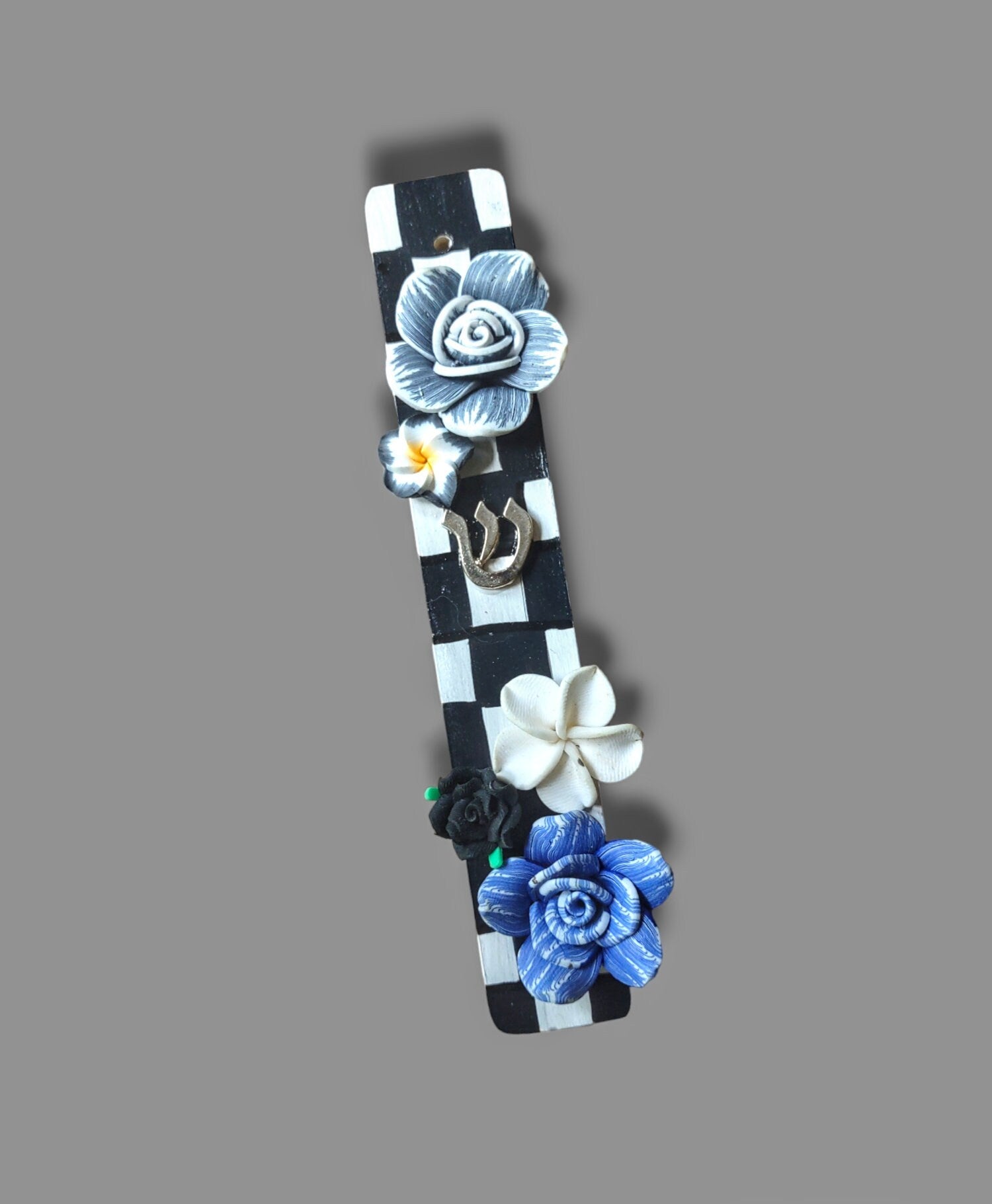 Checks and flowers mezuzah case — painted checkerboard wood with silicone blooms | Judaica Square Lakewood (view 3)