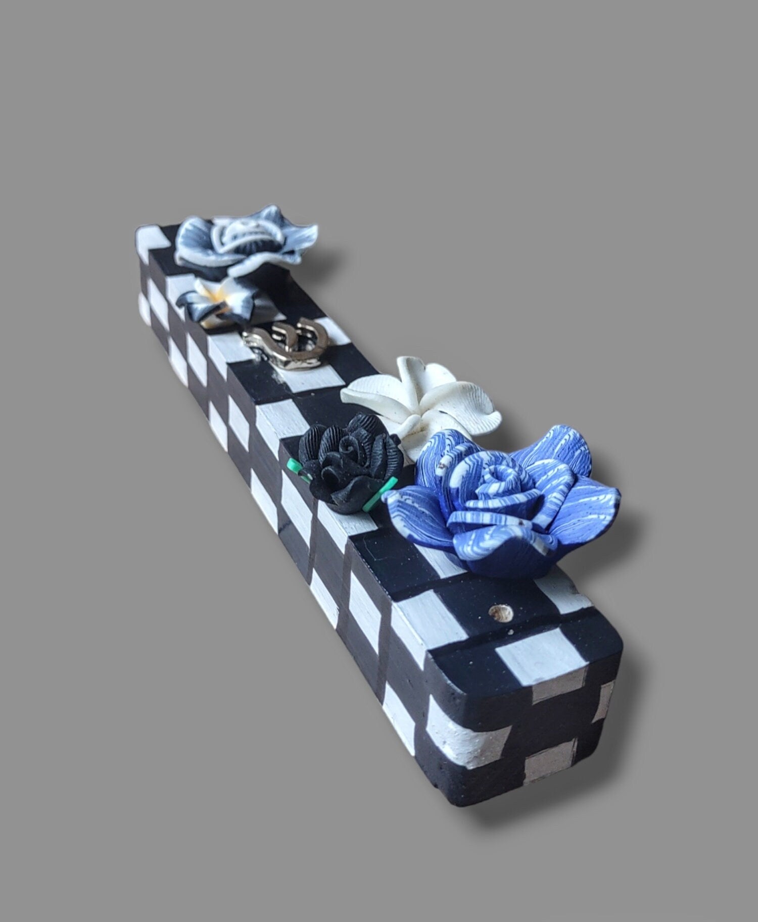 Checks and flowers mezuzah case — painted checkerboard wood with silicone blooms | Judaica Square Lakewood (view 9)