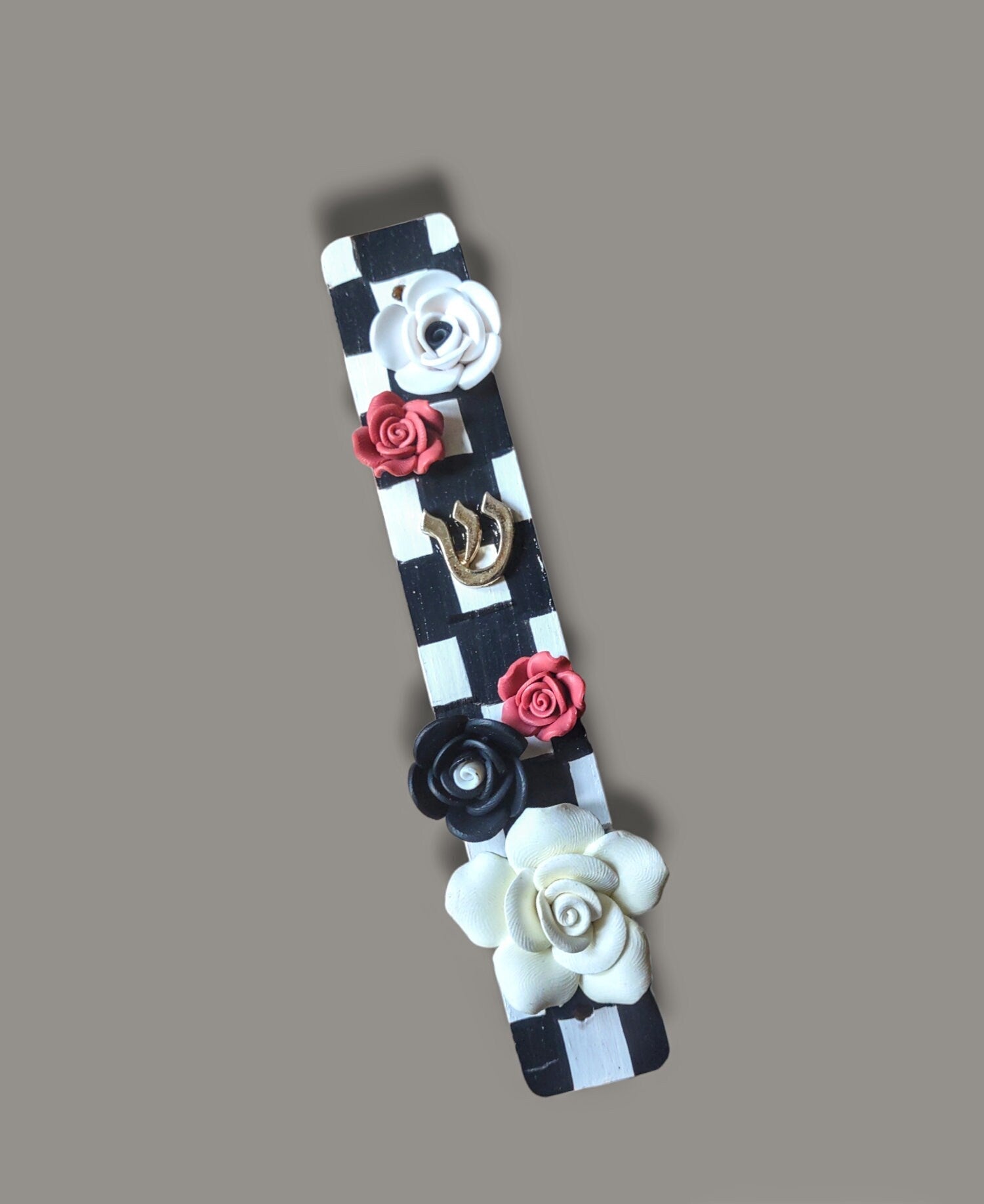 Checks and flowers mezuzah case — painted checkerboard wood with silicone blooms | Judaica Square Lakewood (view 4)
