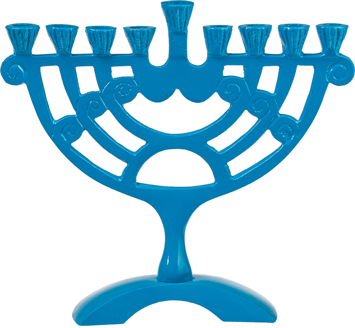 Blue colored 6 inch menorah with swirl details