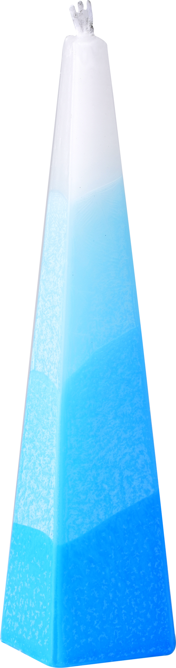 Blue sculpted pyramid Havdalah candle with wick at the apex