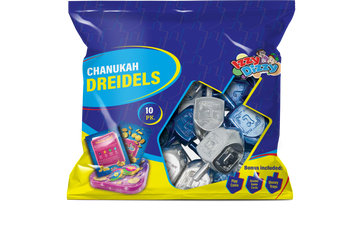Chanukah Dreidels pouch of ten medium blue and silver metallic dreidels