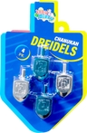 Four blue and silver metallic dreidels on an Izzy n Dizzy dreidel shaped card
