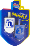 One white and one blue large wooden dreidel with framed Hebrew letters on a dreidel shaped card