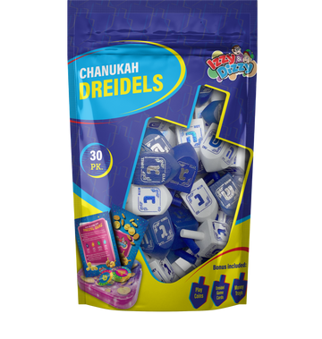 Chanukah Dreidels pouch of 30 medium blue and white wood dreidels