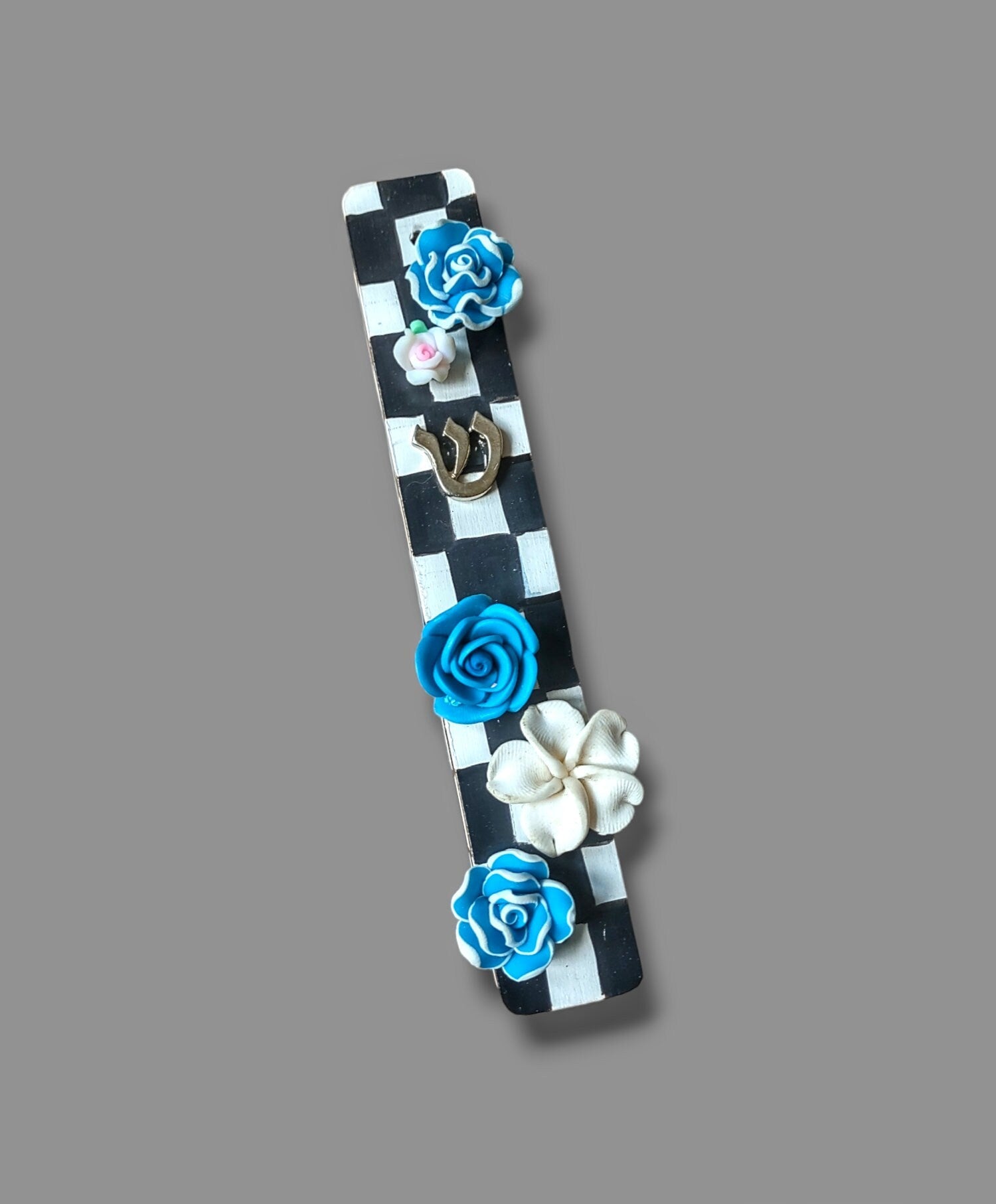 Checks and flowers mezuzah case — painted checkerboard wood with silicone blooms | Judaica Square Lakewood (view 7)