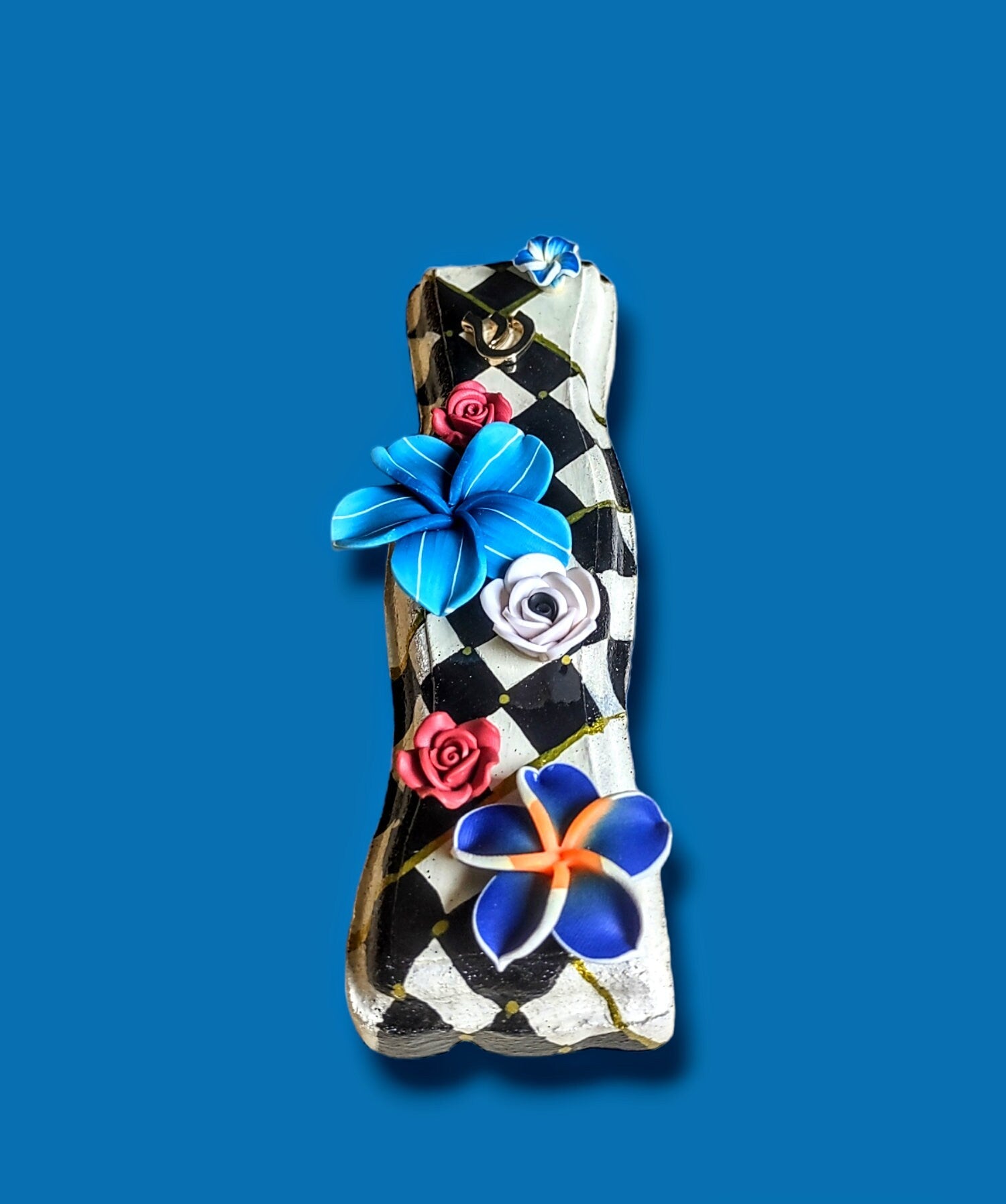 Hourglass mezuzah case — hand-painted wood in checks and flowers with curved waist | Judaica Square Lakewood (view 7)