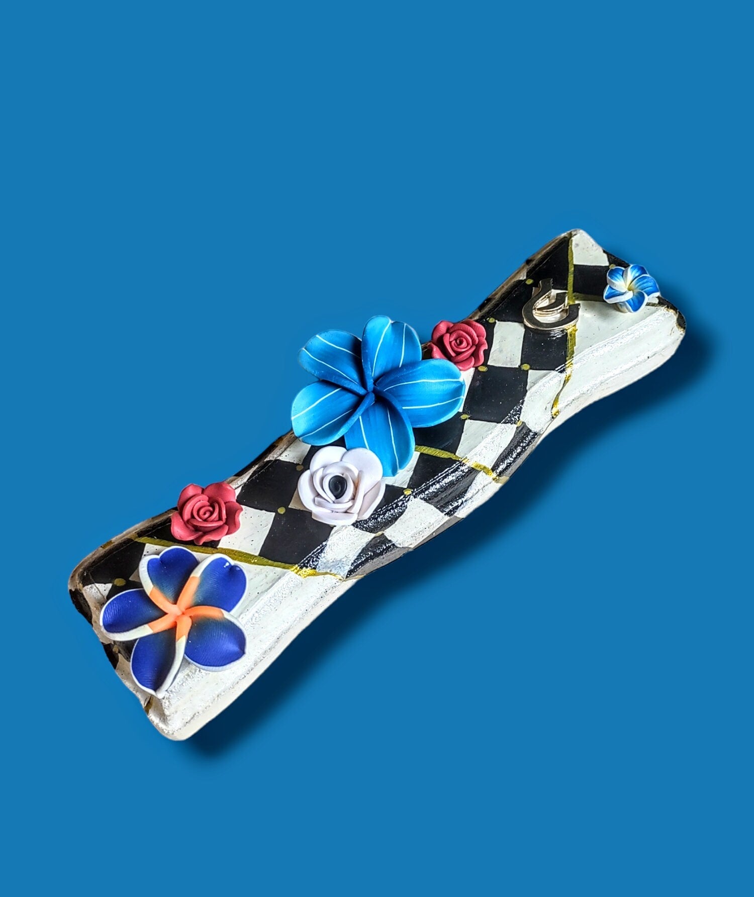 Hourglass mezuzah case — hand-painted wood in checks and flowers with curved waist | Judaica Square Lakewood (view 8)