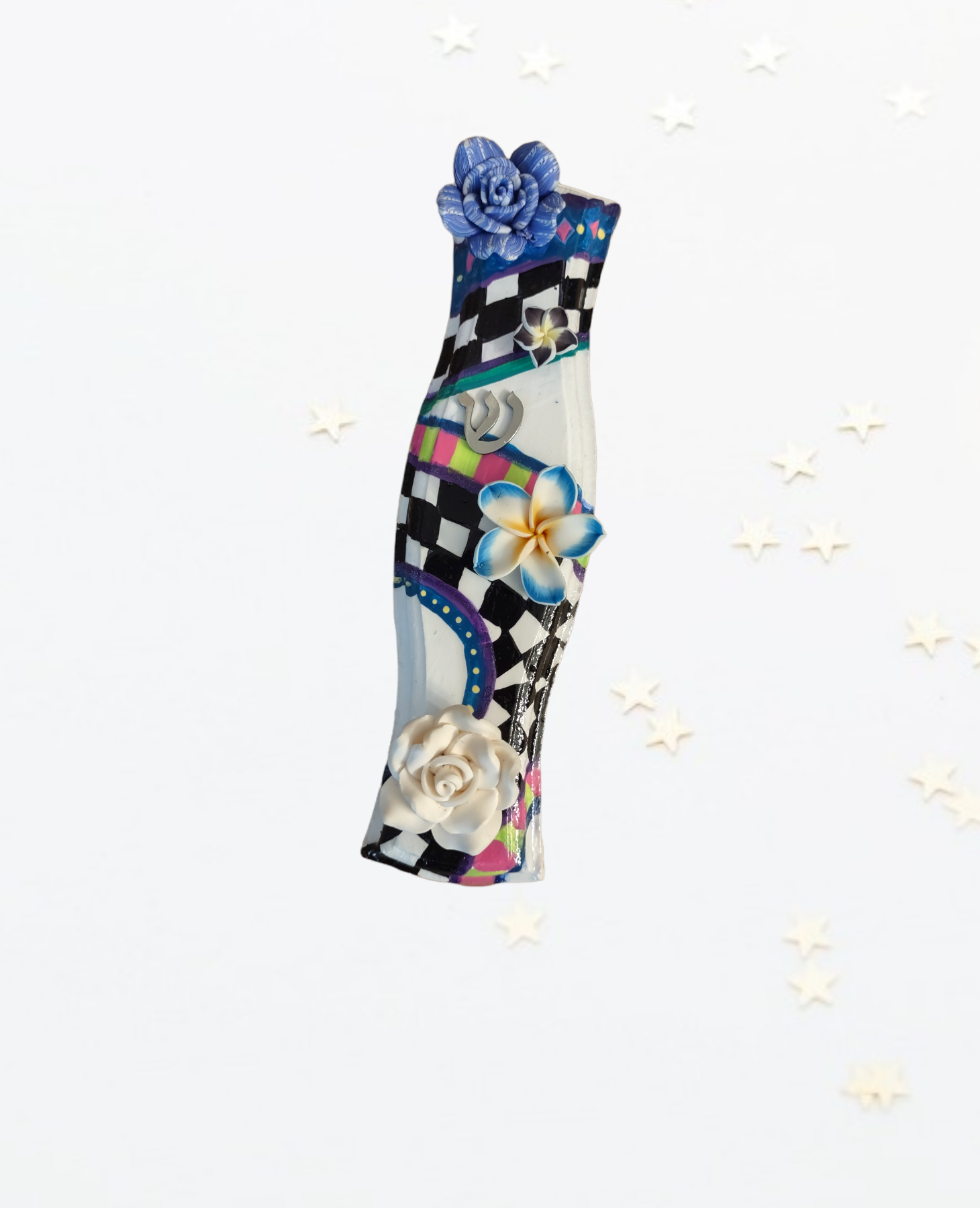 Checkered mezuzah case with flowers — modern painted MDF with silicone blooms | Judaica Square Lakewood (view 5)