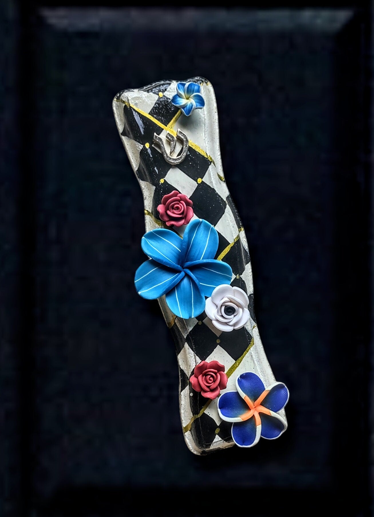 Hourglass mezuzah case — hand-painted wood in checks and flowers with curved waist | Judaica Square Lakewood (view 6)