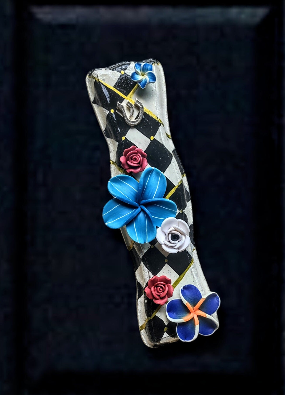 Hourglass mezuzah case — hand-painted wood in checks and flowers with curved waist | Judaica Square Lakewood (view 6)