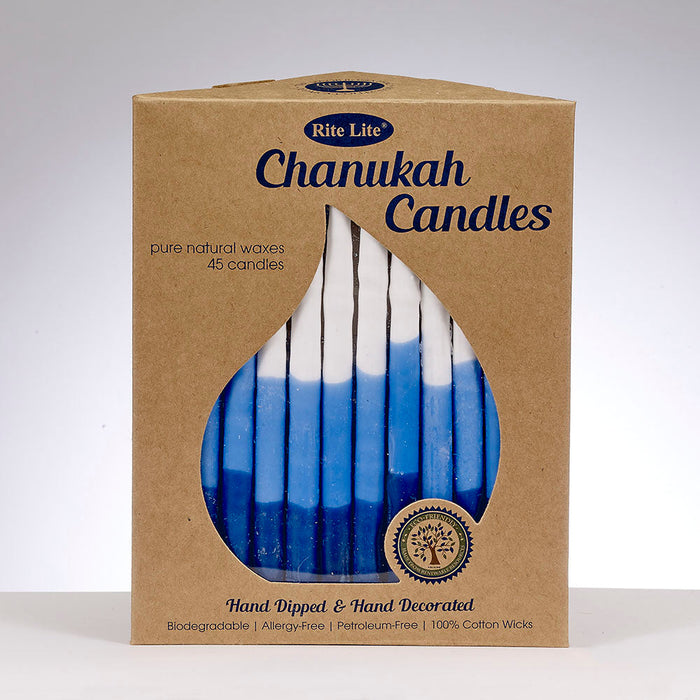 Blue and white Hanukkah candles — box of 45 hand-dipped tapers for a menorah | Judaica Square Lakewood