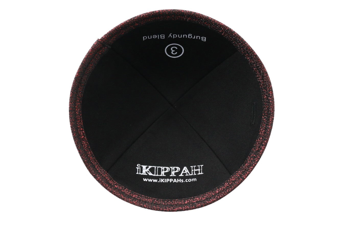 Close-up of Burgundy Brocade Kippah lining and stitching
