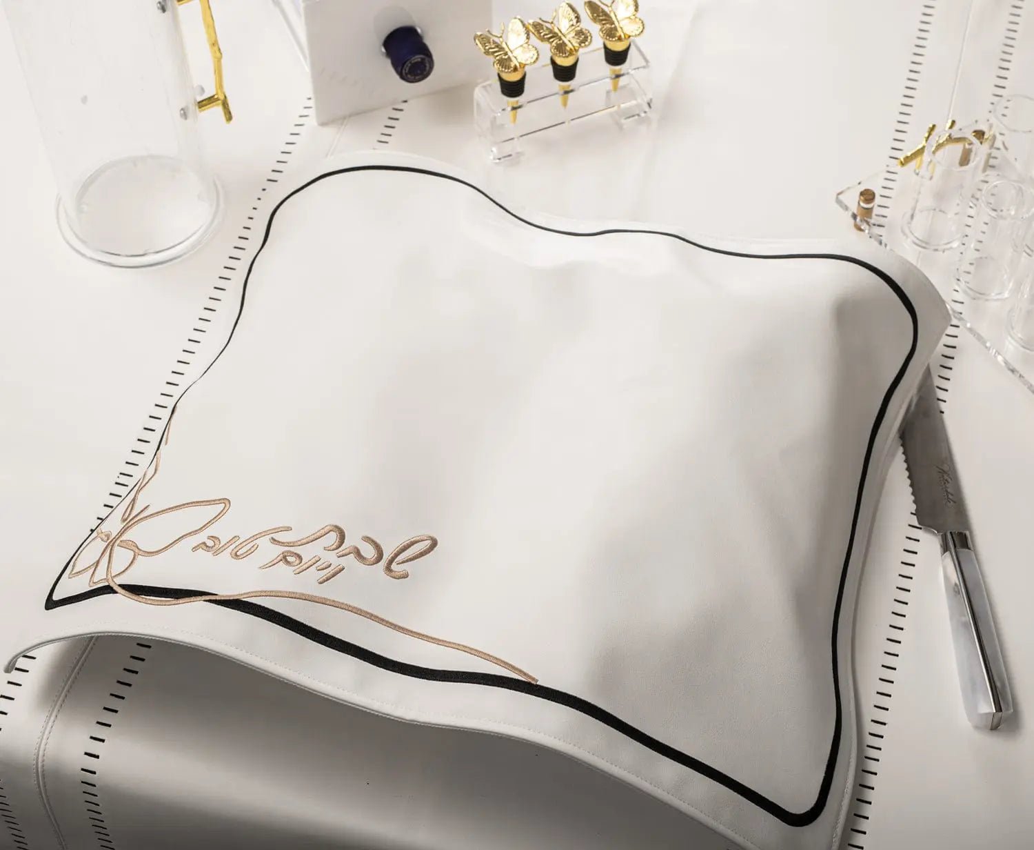 Butterfly Challah Cover (Black & Silver) — Shabbos Linens by Waterdale Collection — View 2 Cotton Challah Cover | Judaica Squ